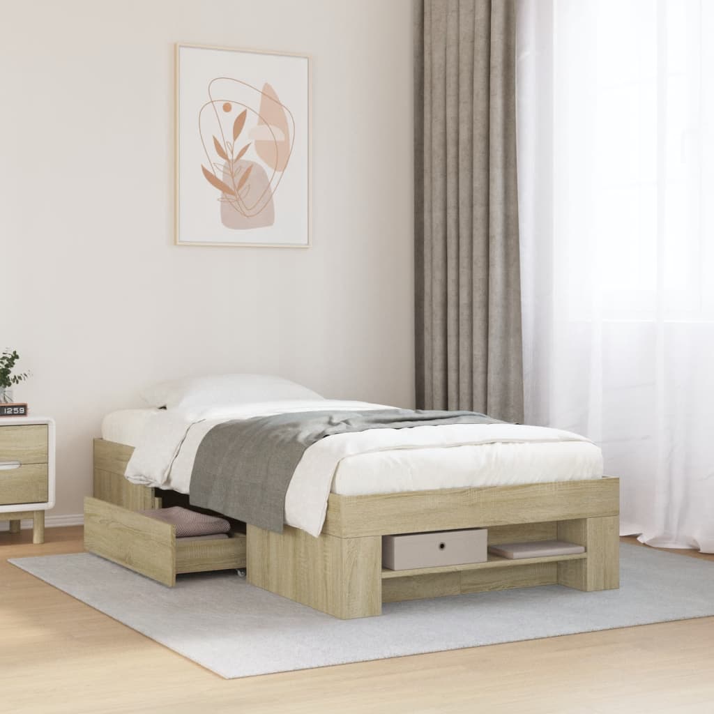 Modern Wooden Single Size 90cm Bed Frame Base With Storage Drawer & Open Compartments