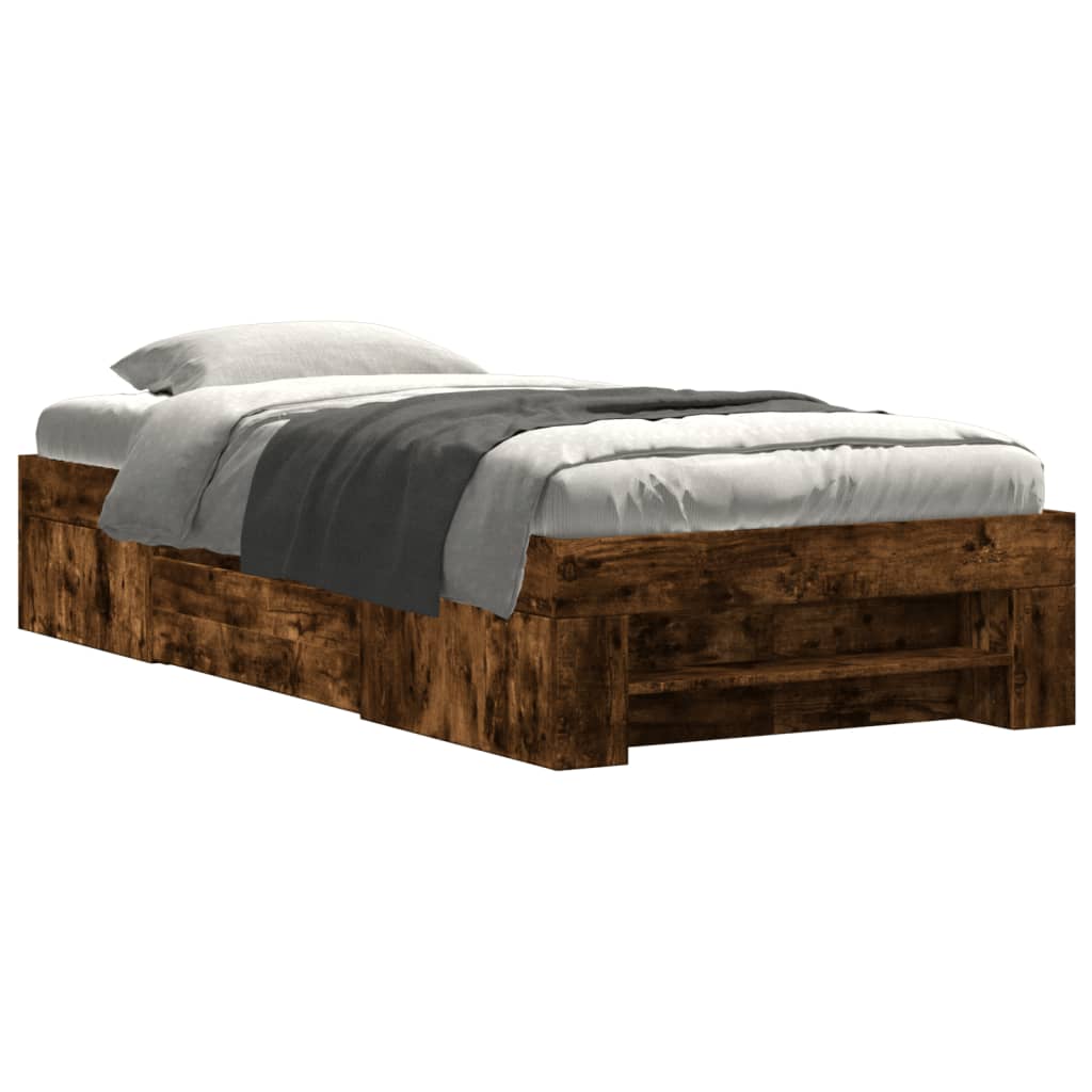 Modern Wooden Single Size 90cm Bed Frame Base With Storage Drawer & Open Compartments
