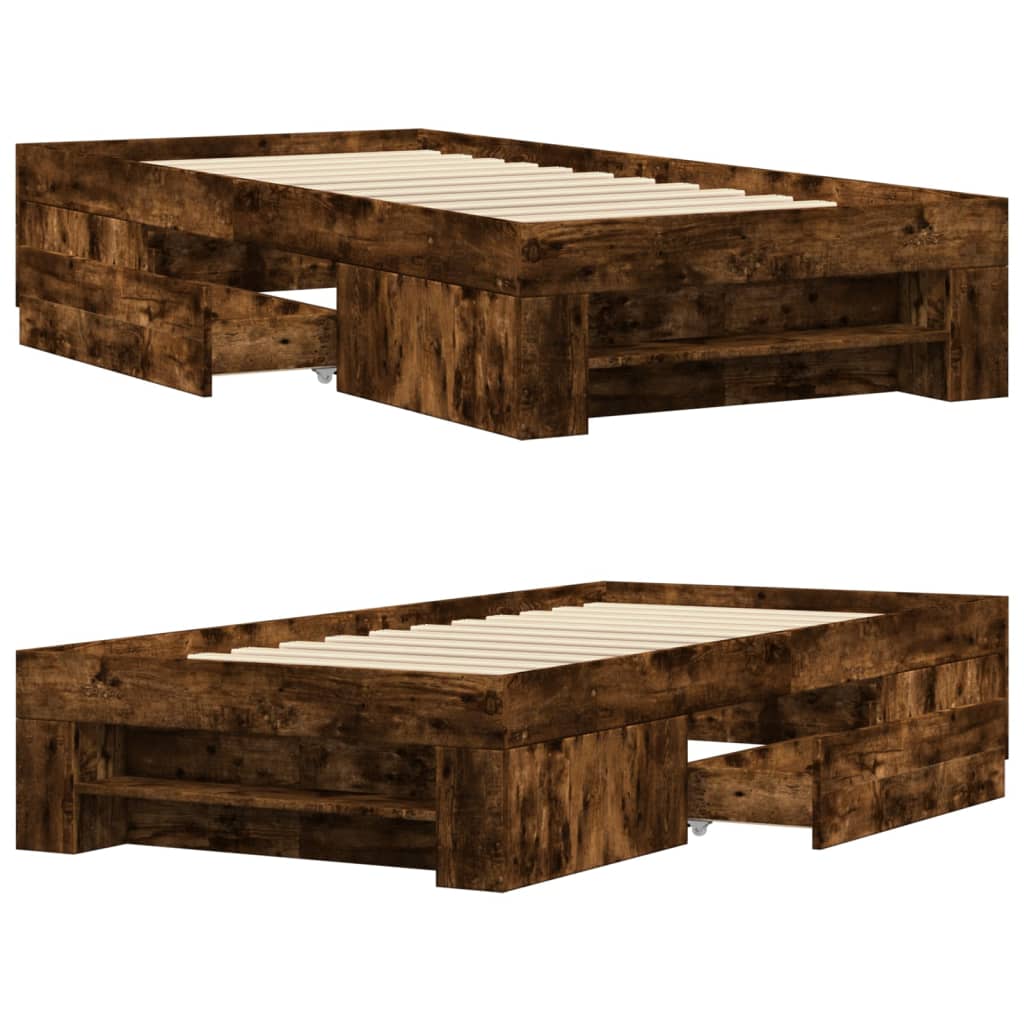 Modern Wooden Single Size 90cm Bed Frame Base With Storage Drawer & Open Compartments