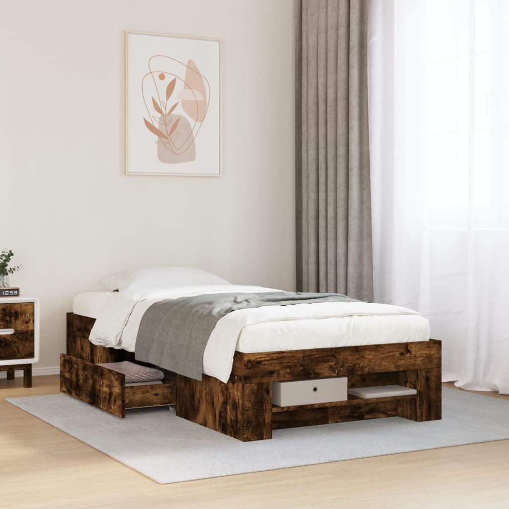Modern Wooden Single Size 90cm Bed Frame Base With Storage Drawer & Open Compartments