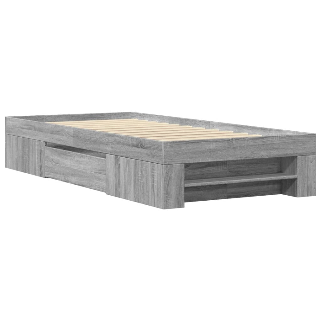 Modern Wooden Single Size 90cm Bed Frame Base With Storage Drawer & Open Compartments