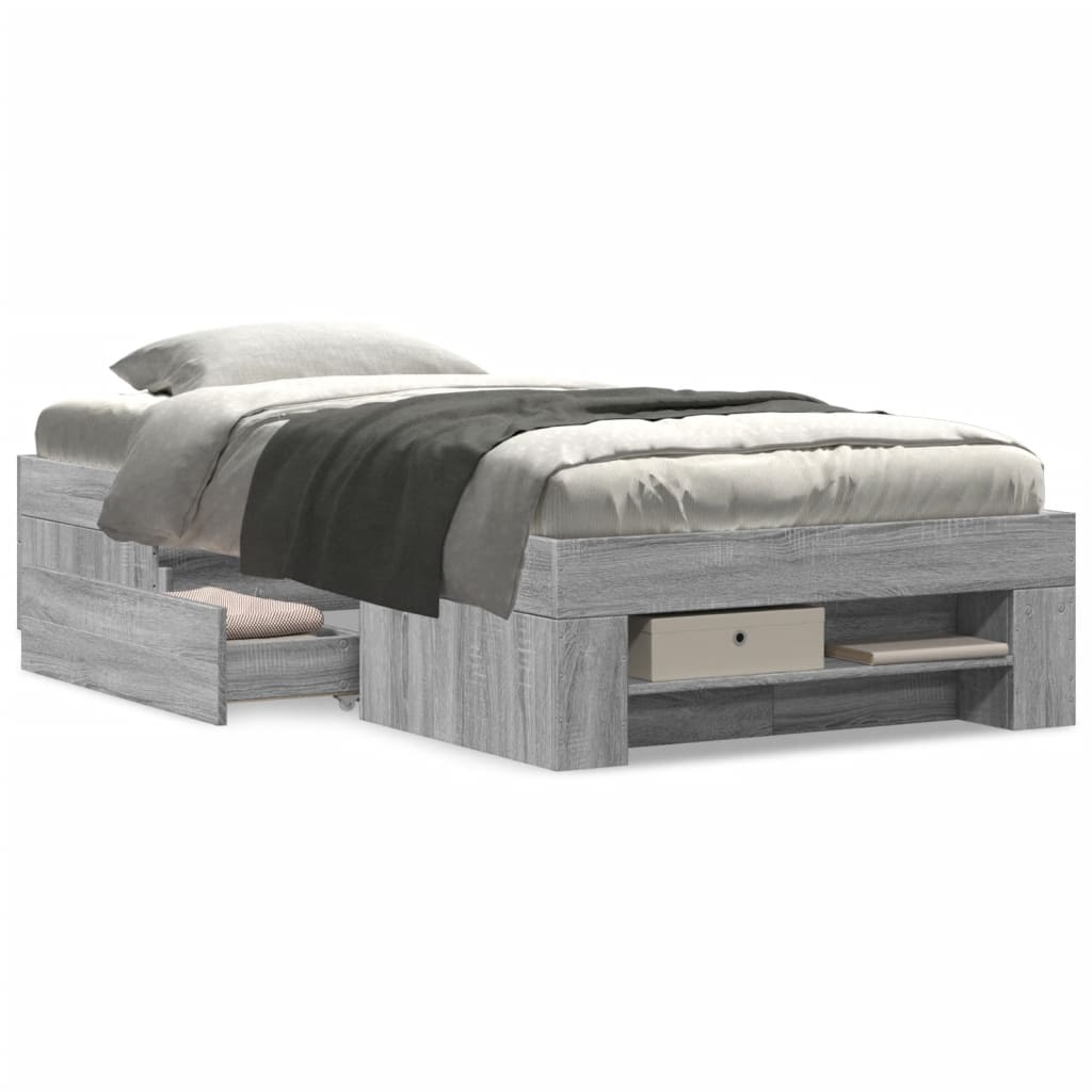 Modern Wooden Single Size 90cm Bed Frame Base With Storage Drawer & Open Compartments
