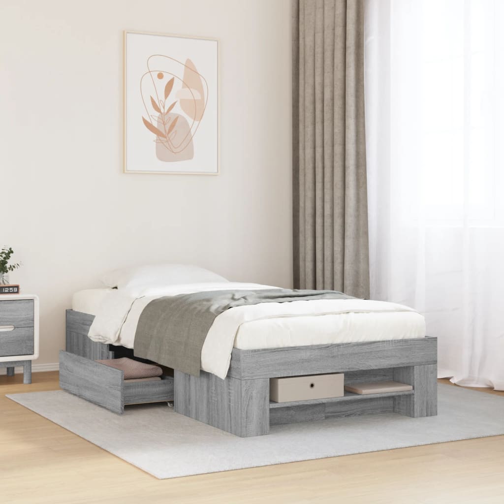 Modern Wooden Single Size 90cm Bed Frame Base With Storage Drawer & Open Compartments