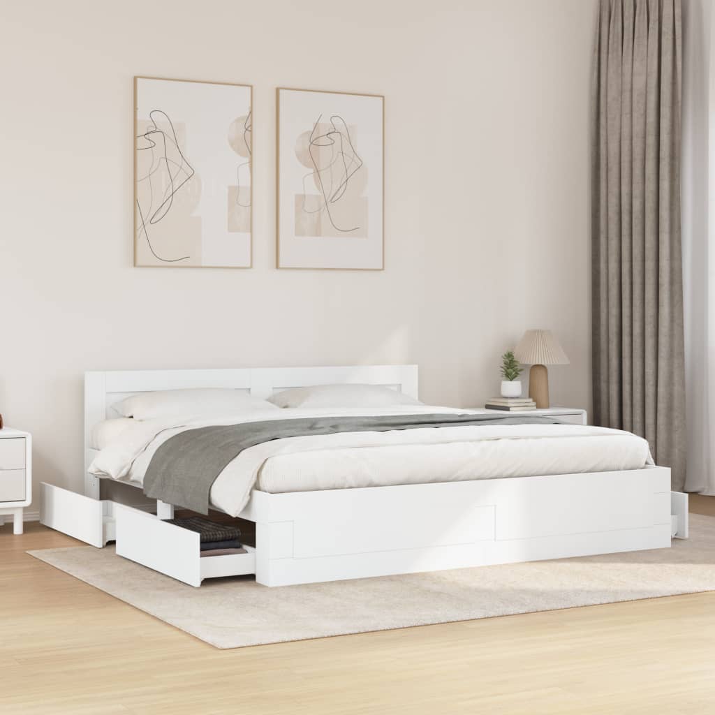 Modern Wooden Emperor Size 2m Bed Frame Base With Headboard & Storage Drawers