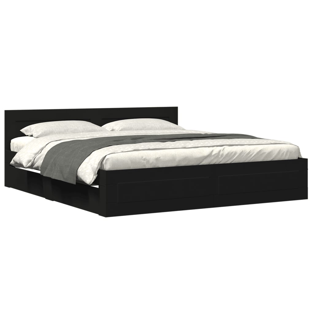 Modern Wooden Emperor Size 2m Bed Frame Base With Headboard & Storage Drawers