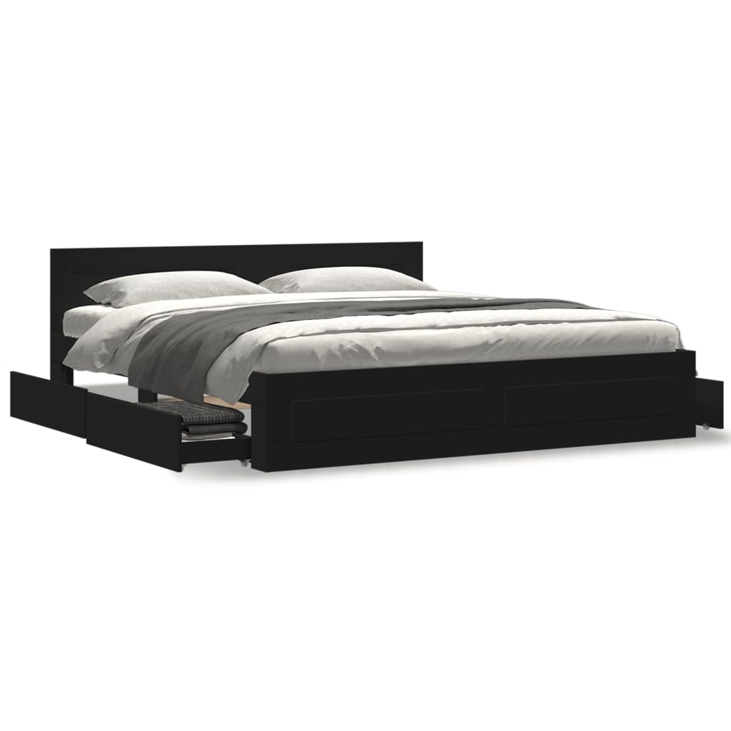 Modern Wooden Emperor Size 2m Bed Frame Base With Headboard & Storage Drawers