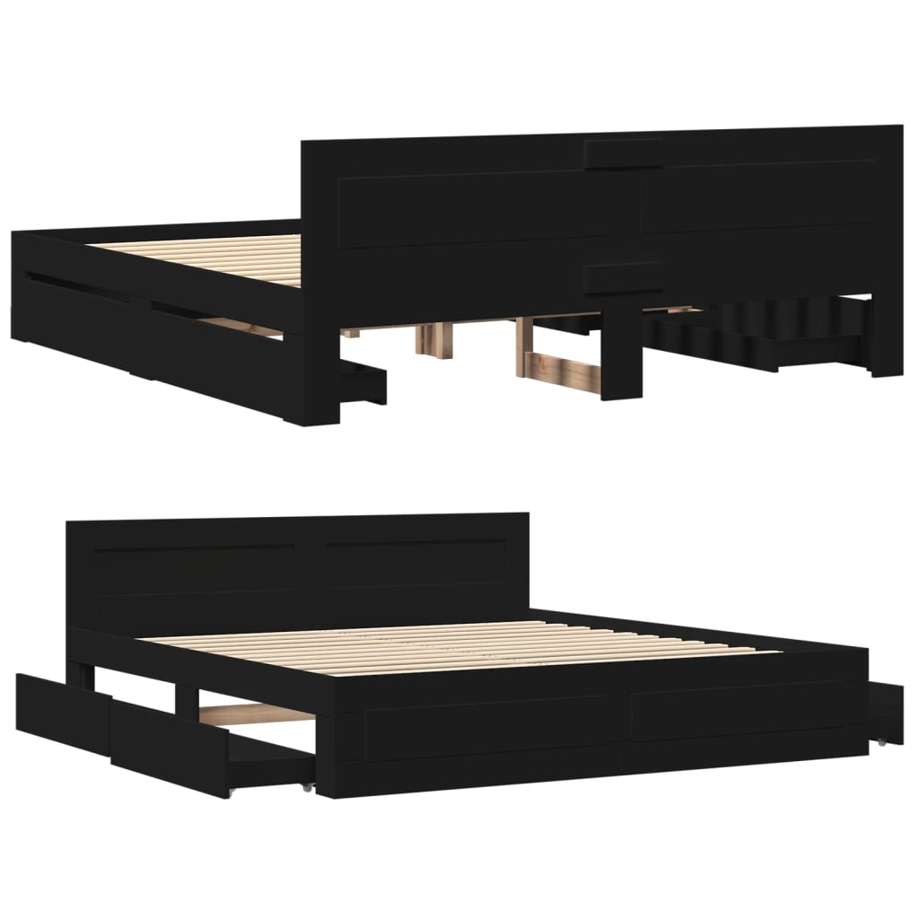 Modern Wooden Emperor Size 2m Bed Frame Base With Headboard & Storage Drawers