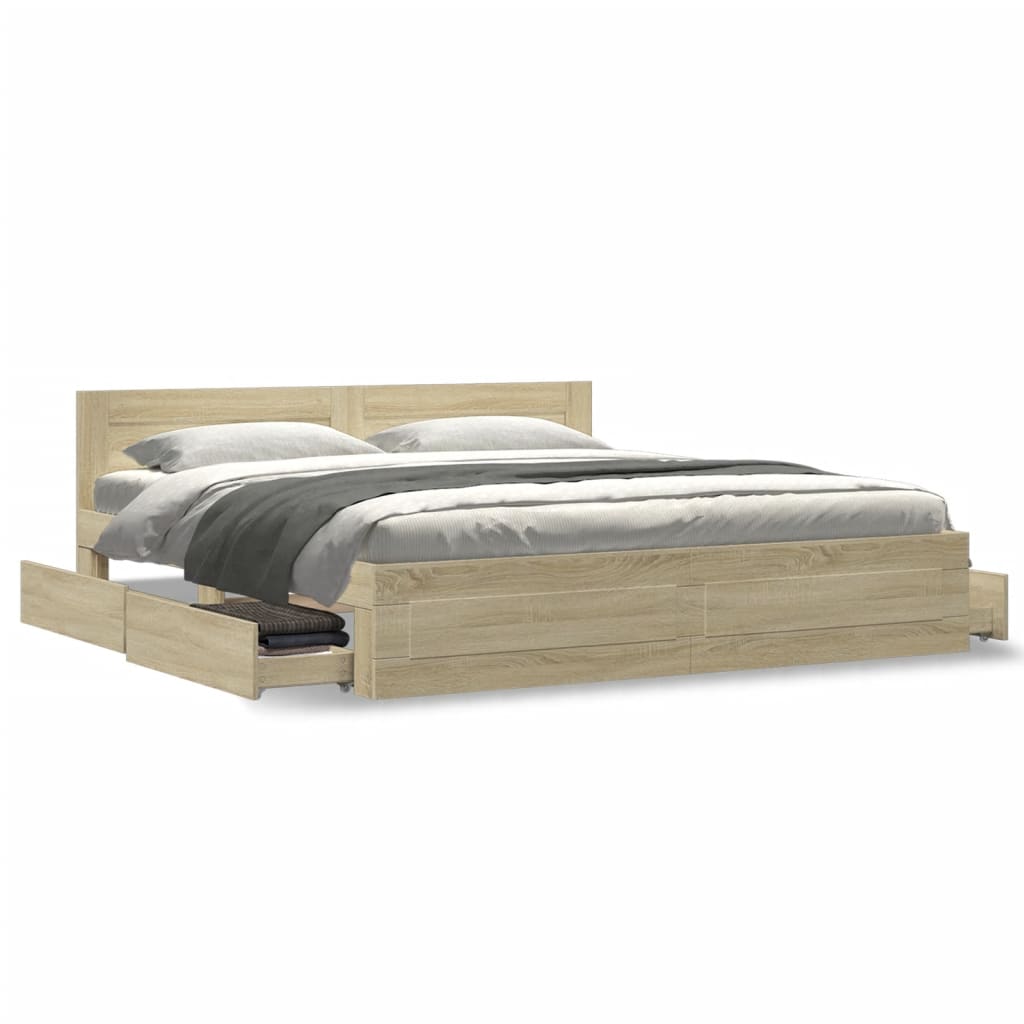 Modern Wooden Emperor Size 2m Bed Frame Base With Headboard & Storage Drawers