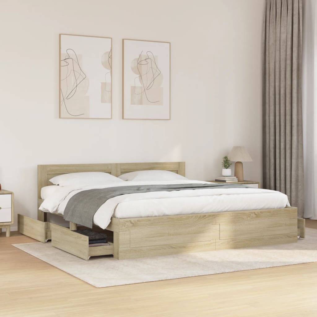 Modern Wooden Emperor Size 2m Bed Frame Base With Headboard & Storage Drawers