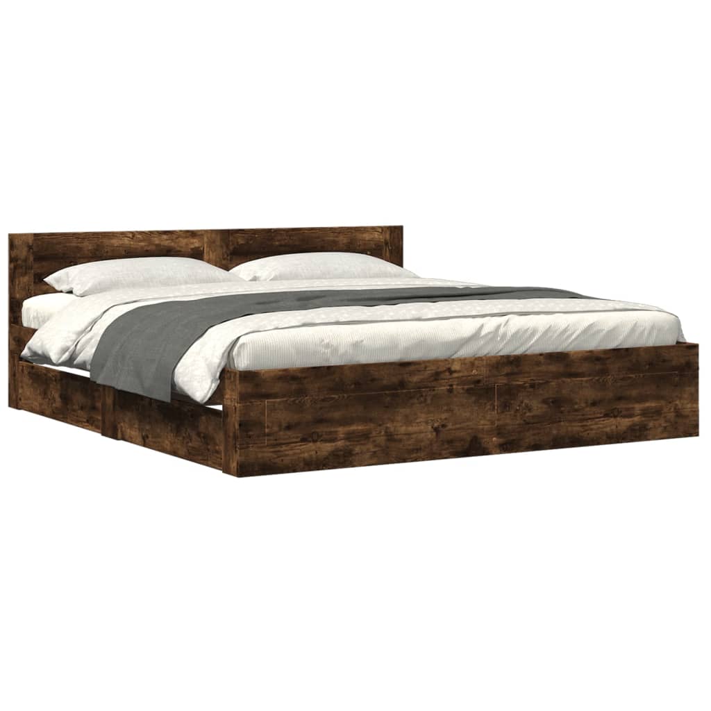 Modern Wooden Emperor Size 2m Bed Frame Base With Headboard & Storage Drawers