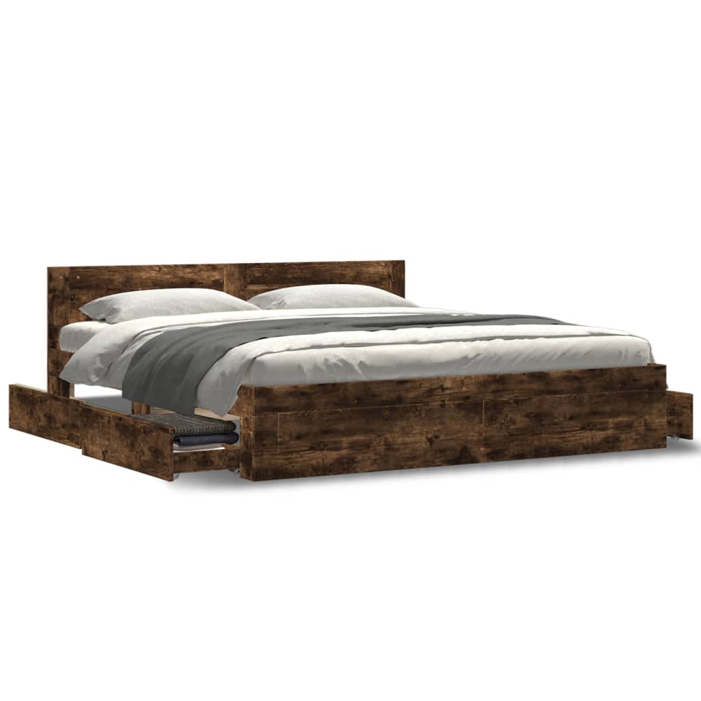 Modern Wooden Emperor Size 2m Bed Frame Base With Headboard & Storage Drawers
