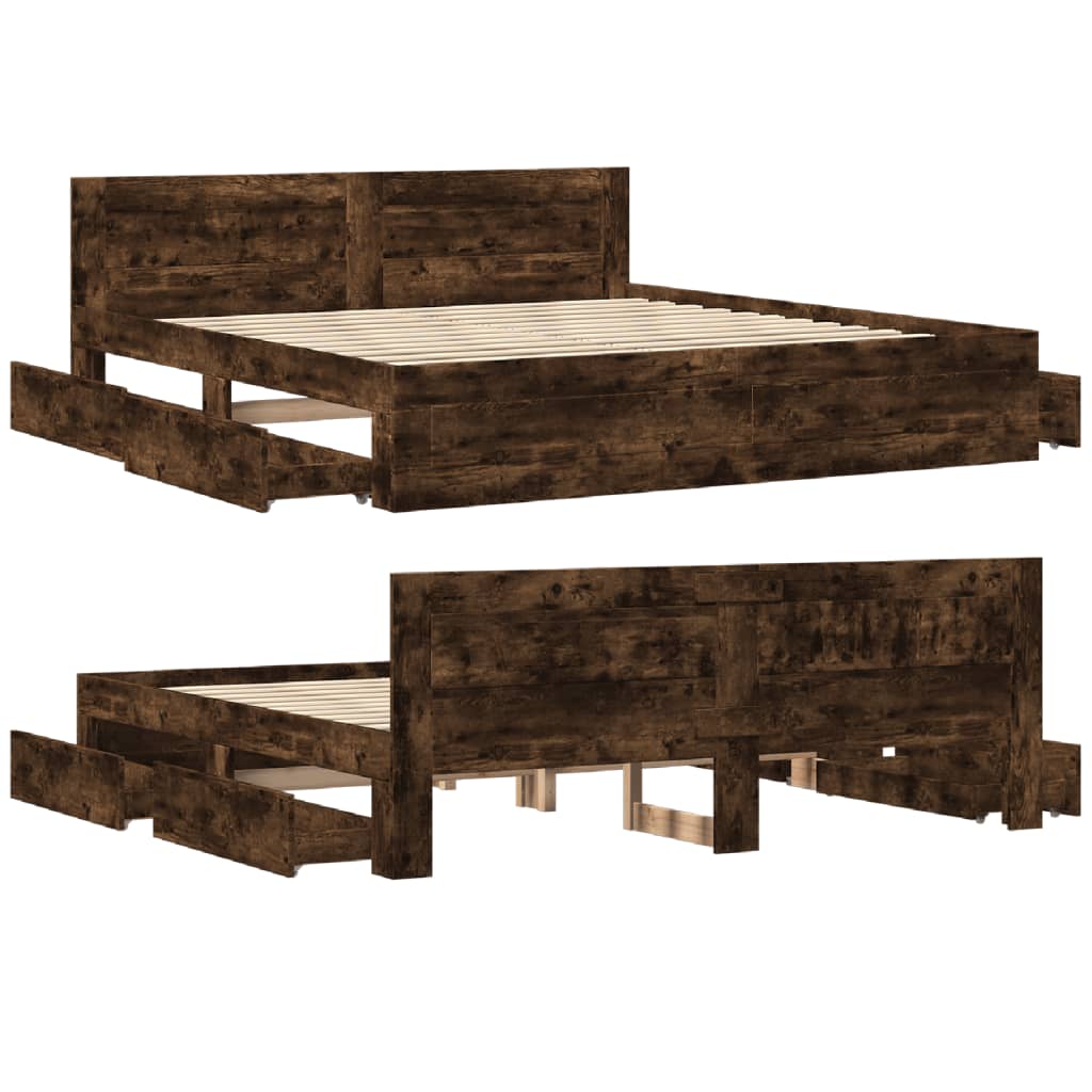 Modern Wooden Emperor Size 2m Bed Frame Base With Headboard & Storage Drawers
