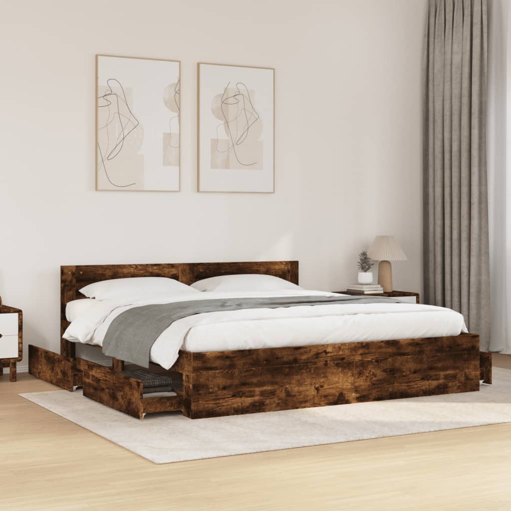 Modern Wooden Emperor Size 2m Bed Frame Base With Headboard & Storage Drawers
