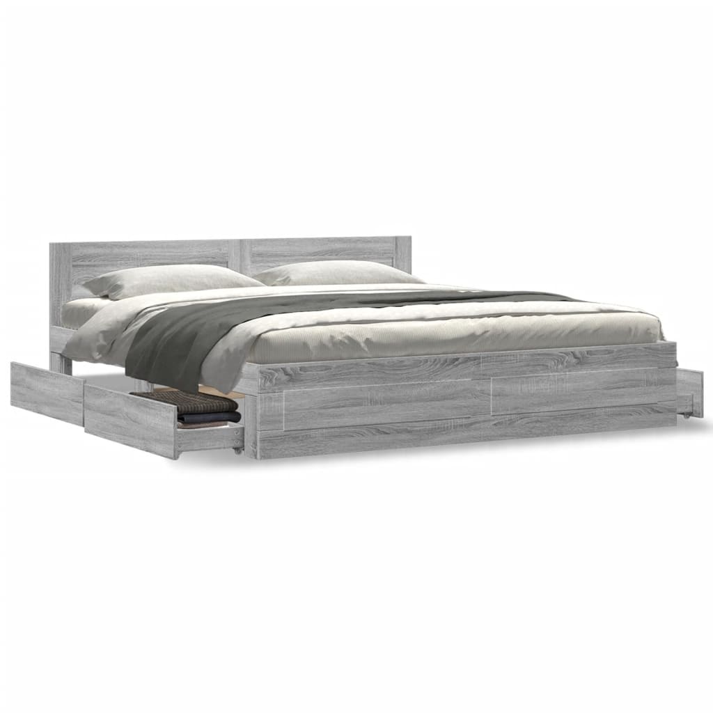 Modern Wooden Emperor Size 2m Bed Frame Base With Headboard & Storage Drawers