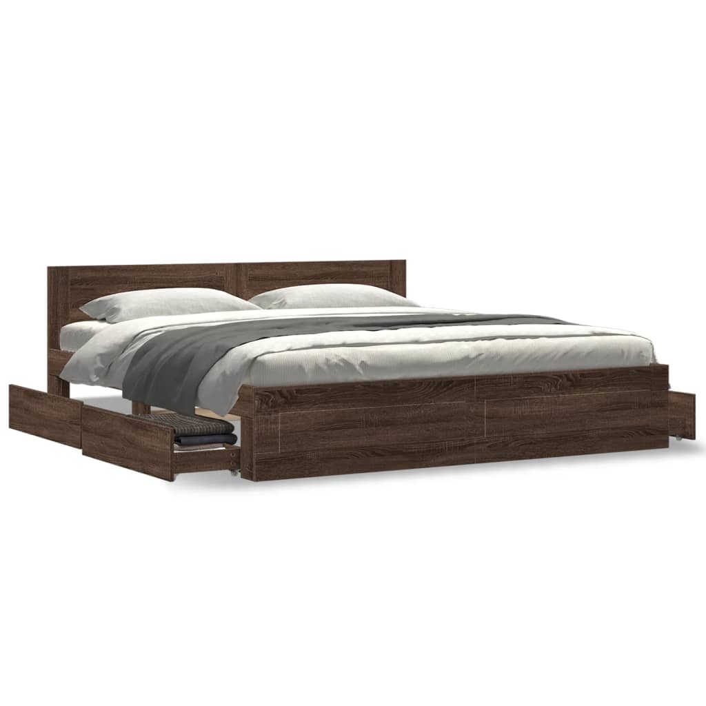 Modern Wooden Emperor Size 2m Bed Frame Base With Headboard & Storage Drawers