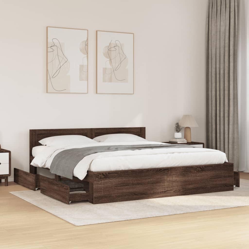 Modern Wooden Emperor Size 2m Bed Frame Base With Headboard & Storage Drawers
