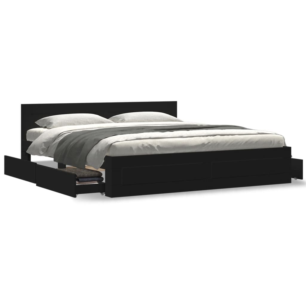 Modern Wooden Super King Size 180cm Bed Frame Base With Headboard & Drawers