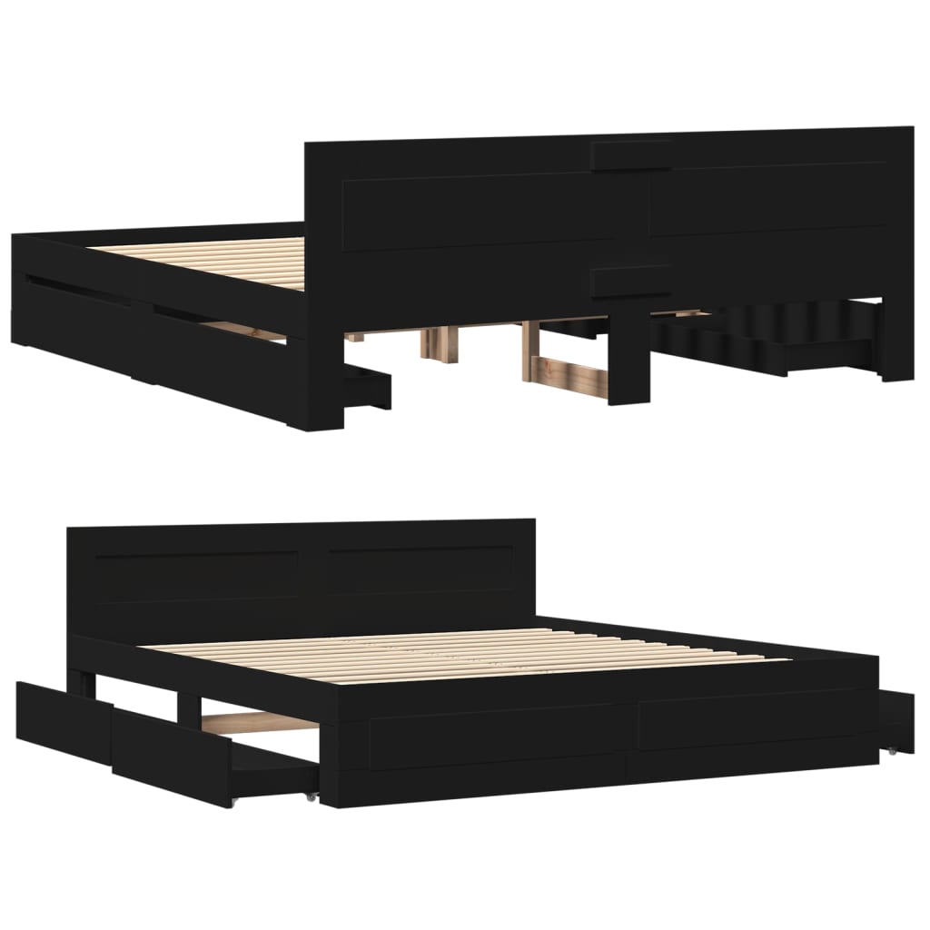 Modern Wooden Super King Size 180cm Bed Frame Base With Headboard & Drawers