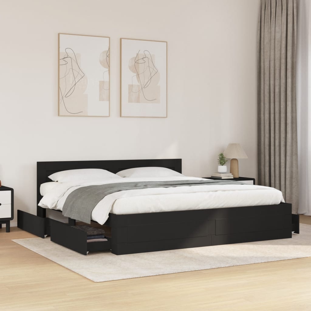 Modern Wooden Super King Size 180cm Bed Frame Base With Headboard & Drawers