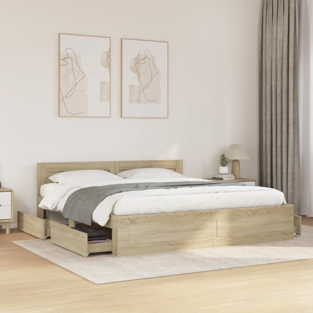 Modern Wooden Super King Size 180cm Bed Frame Base With Headboard & Drawers