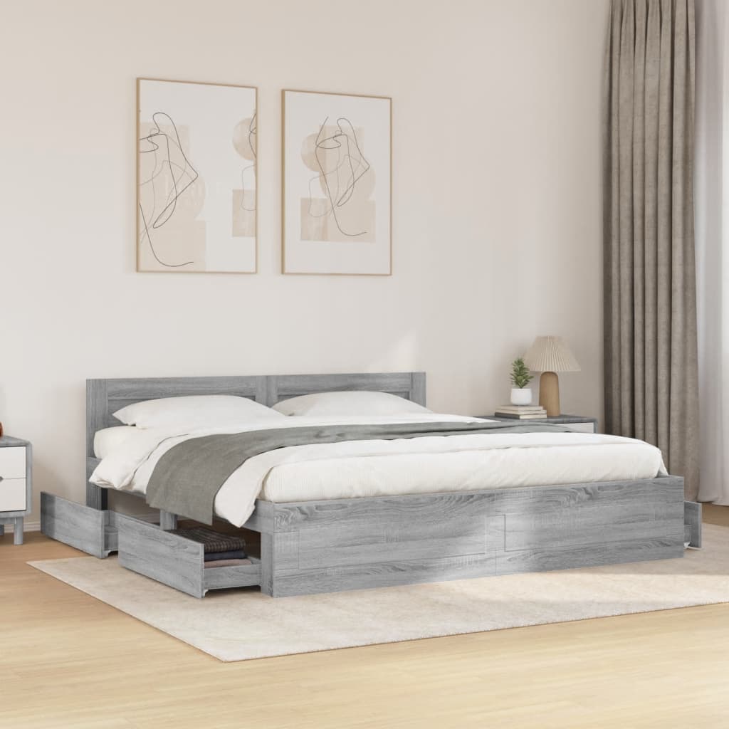 Modern Wooden Super King Size 180cm Bed Frame Base With Headboard & Drawers