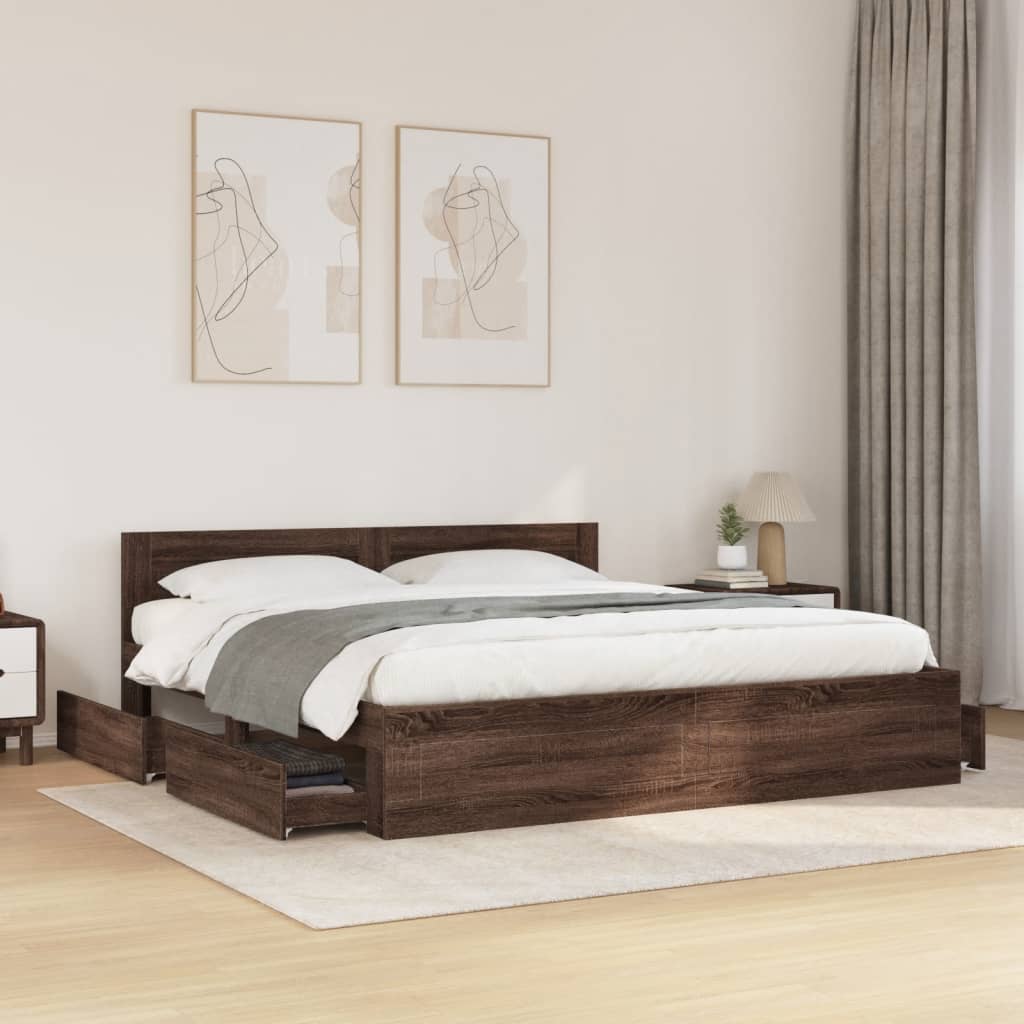 Modern Wooden Super King Size 180cm Bed Frame Base With Headboard & Drawers