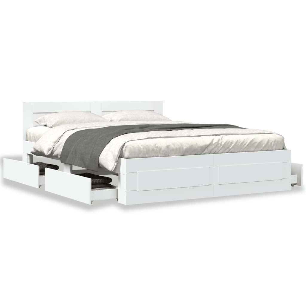 Modern Wooden Queen Size 160cm Bed Frame Base With Headboard & Storage Drawers