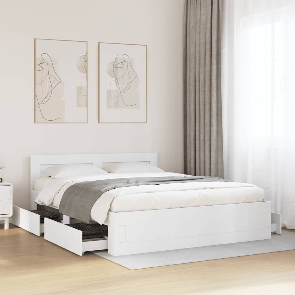Modern Wooden Queen Size 160cm Bed Frame Base With Headboard & Storage Drawers