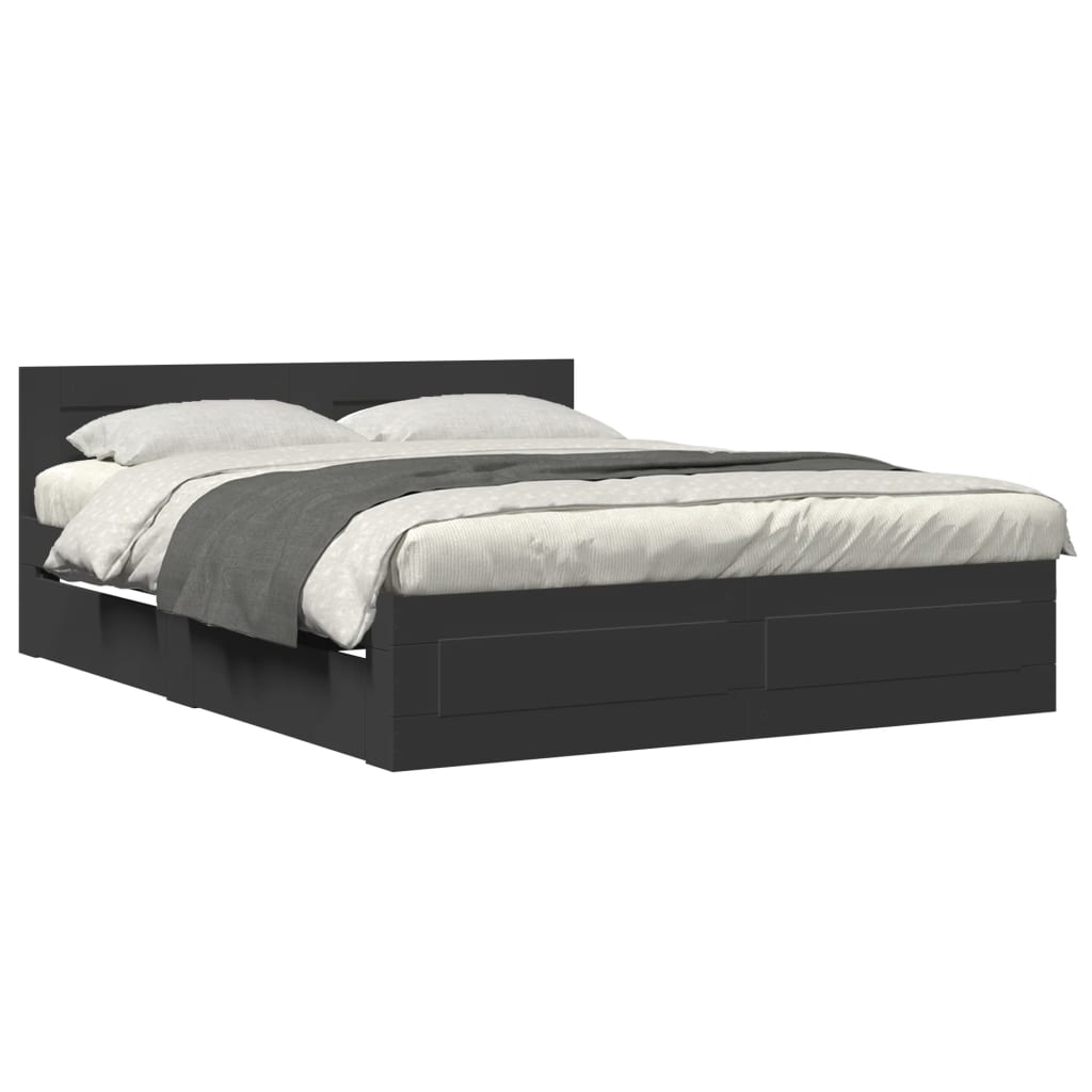 Modern Wooden Queen Size 160cm Bed Frame Base With Headboard & Storage Drawers
