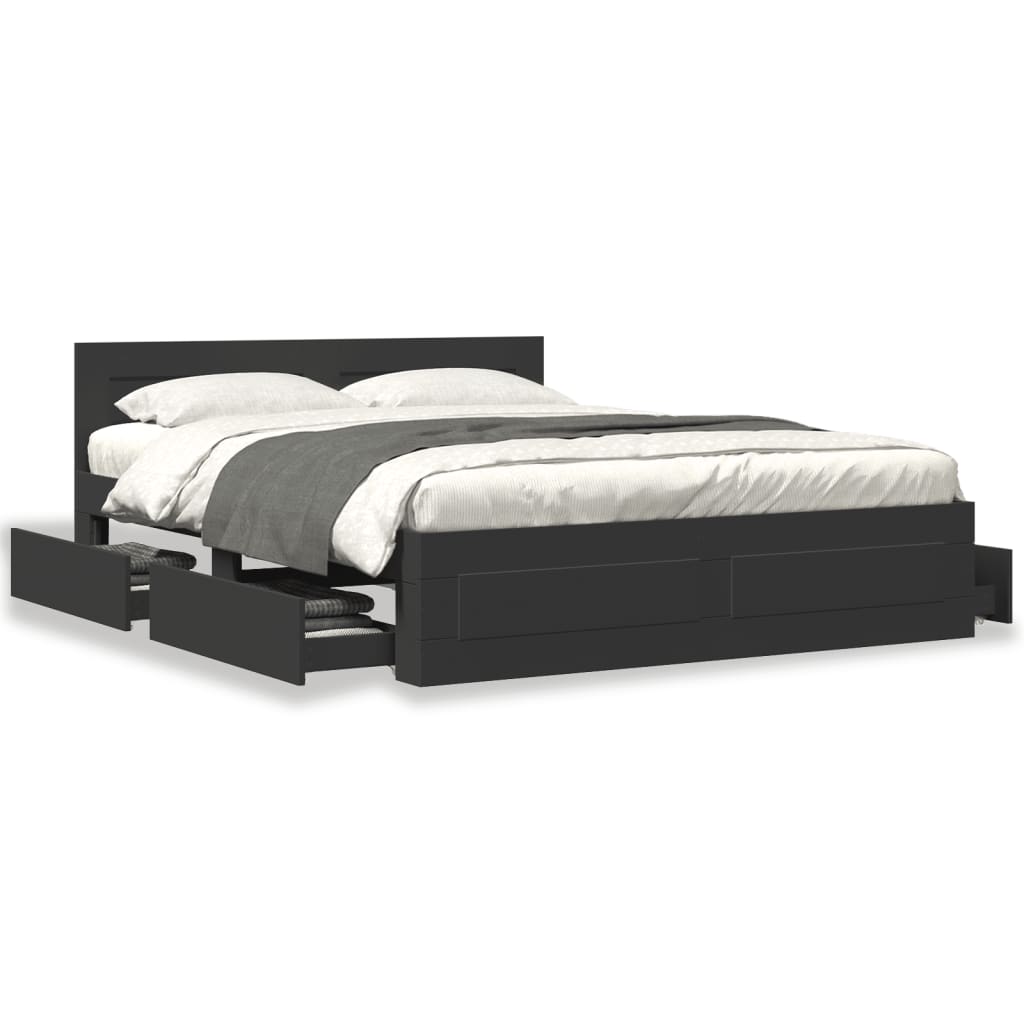 Modern Wooden Queen Size 160cm Bed Frame Base With Headboard & Storage Drawers