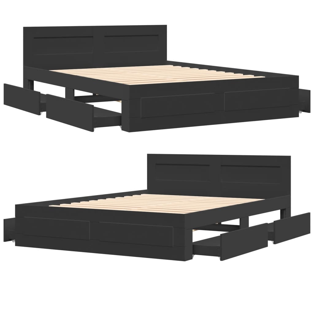 Modern Wooden Queen Size 160cm Bed Frame Base With Headboard & Storage Drawers