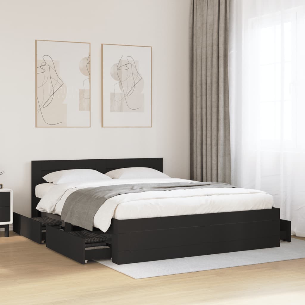 Modern Wooden Queen Size 160cm Bed Frame Base With Headboard & Storage Drawers