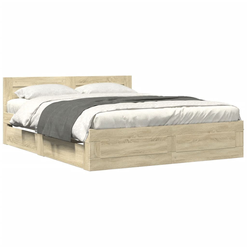 Modern Wooden Queen Size 160cm Bed Frame Base With Headboard & Storage Drawers