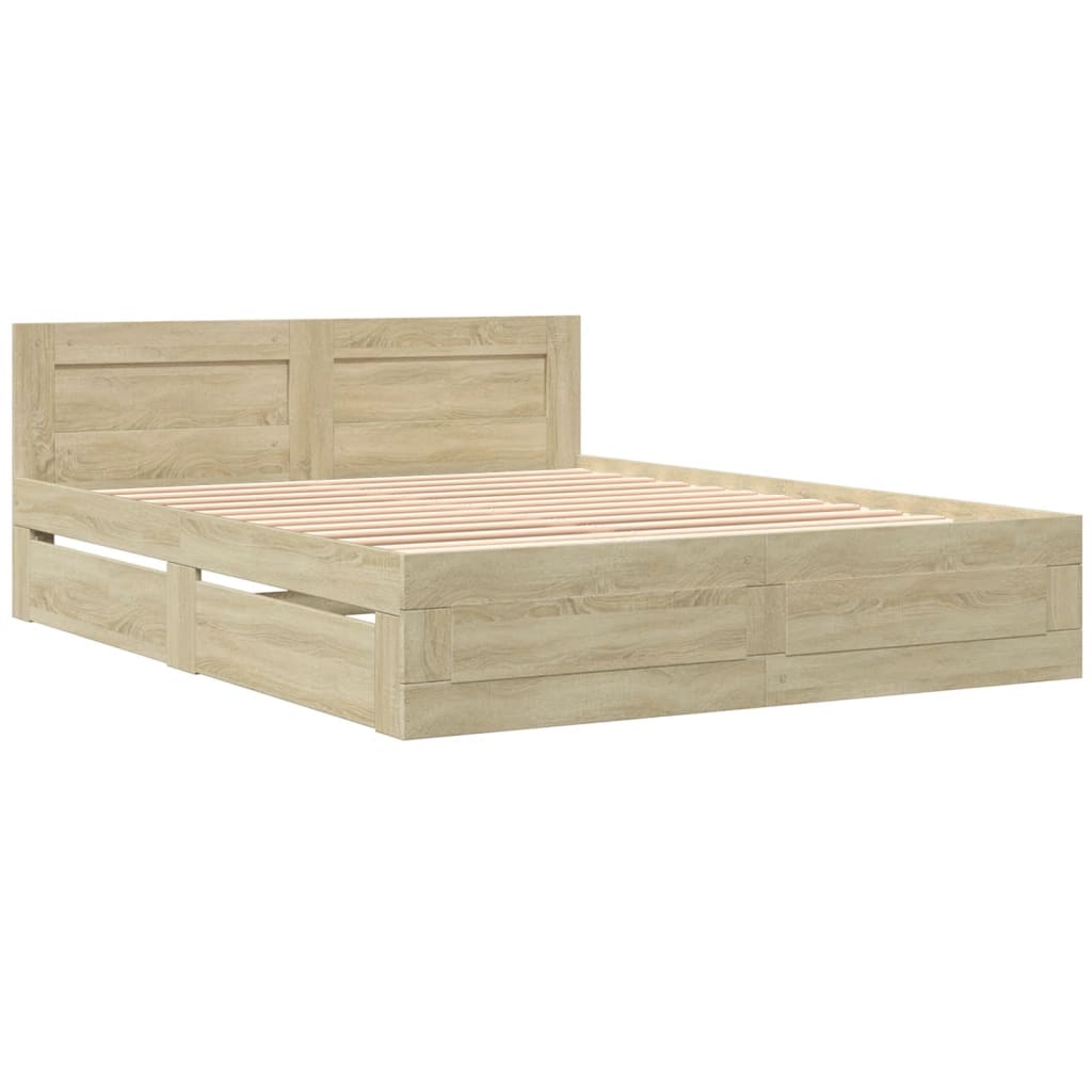 Modern Wooden Queen Size 160cm Bed Frame Base With Headboard & Storage Drawers