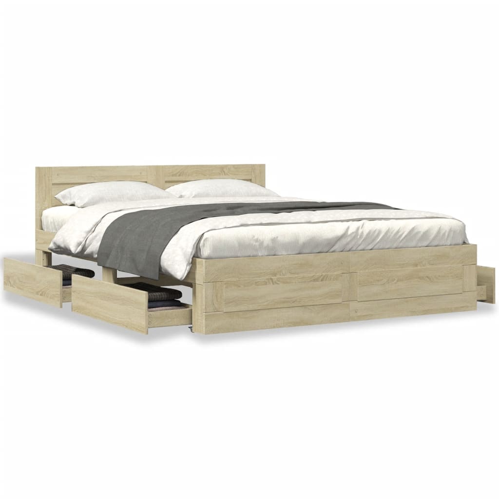 Modern Wooden Queen Size 160cm Bed Frame Base With Headboard & Storage Drawers