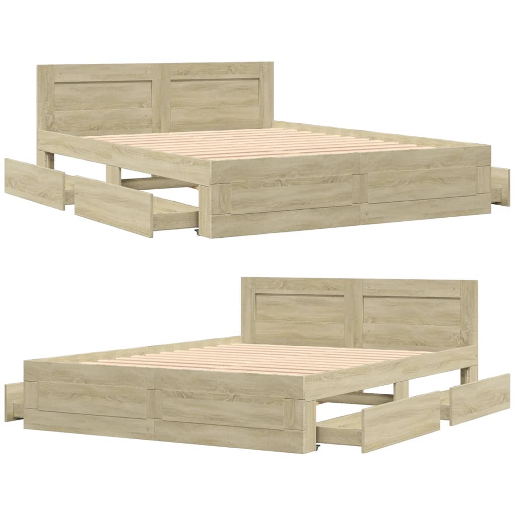 Modern Wooden Queen Size 160cm Bed Frame Base With Headboard & Storage Drawers