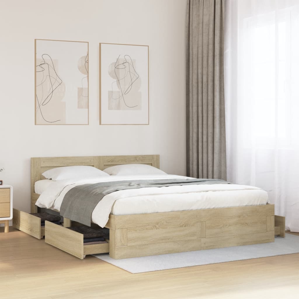 Modern Wooden Queen Size 160cm Bed Frame Base With Headboard & Storage Drawers