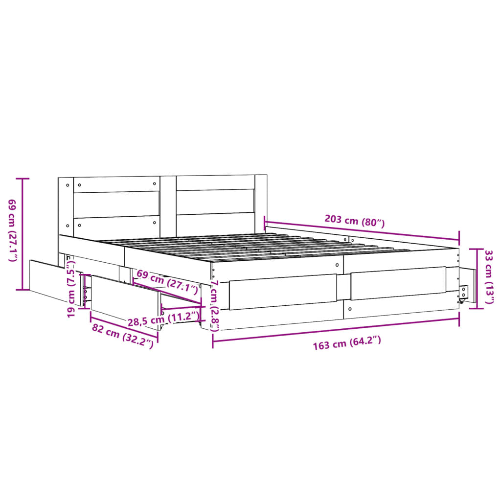 Modern Wooden Queen Size 160cm Bed Frame Base With Headboard & Storage Drawers