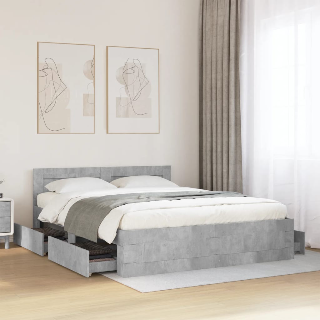 Modern Wooden Queen Size 160cm Bed Frame Base With Headboard & Storage Drawers