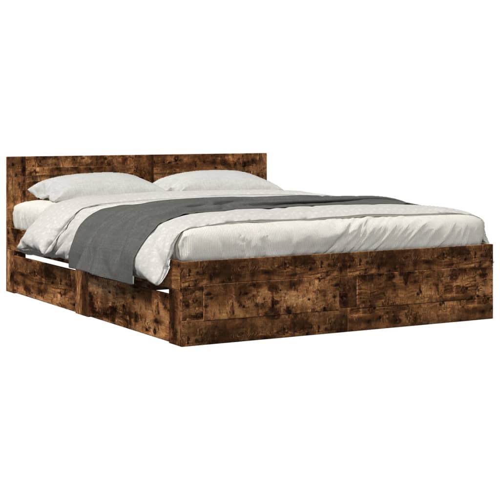 Modern Wooden Queen Size 160cm Bed Frame Base With Headboard & Storage Drawers