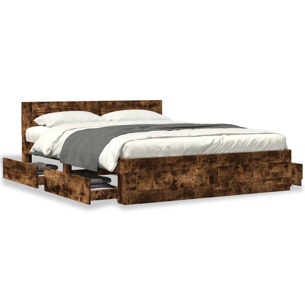 Modern Wooden Queen Size 160cm Bed Frame Base With Headboard & Storage Drawers