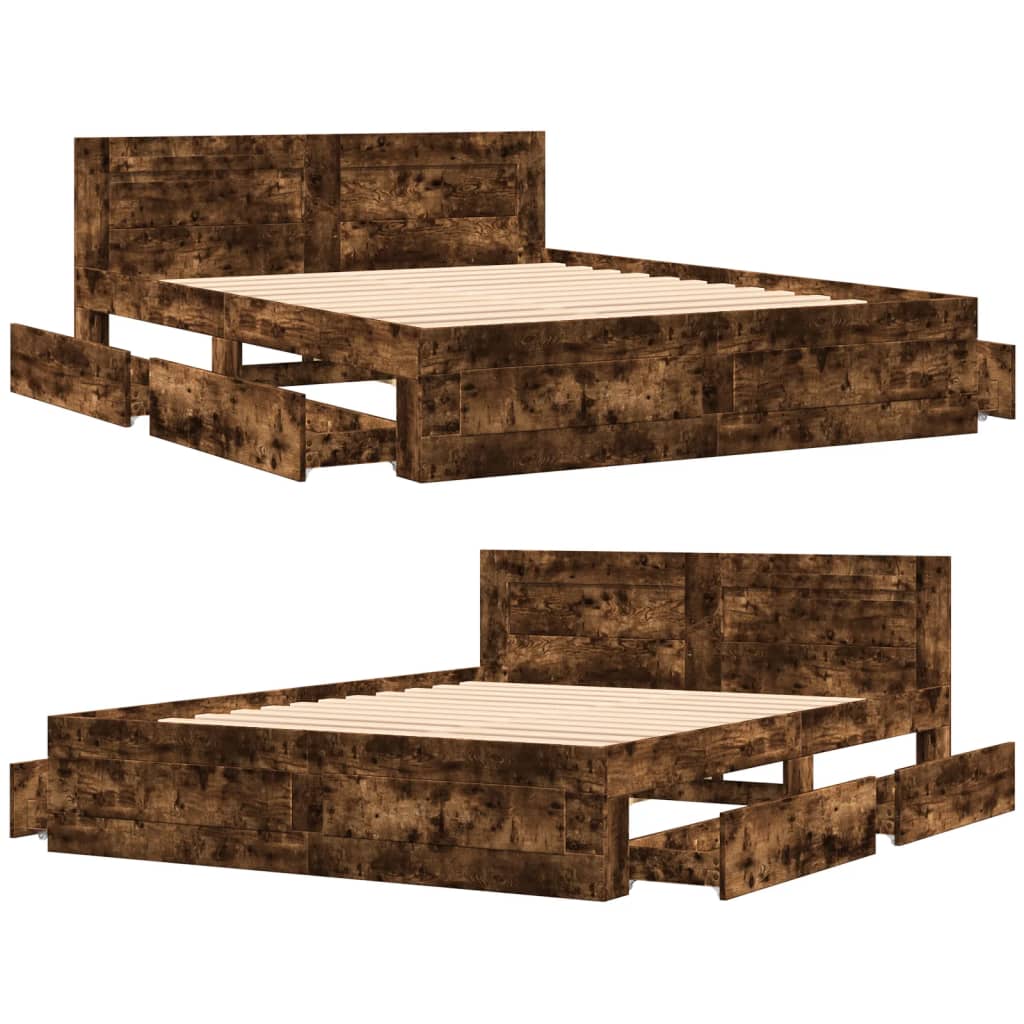 Modern Wooden Queen Size 160cm Bed Frame Base With Headboard & Storage Drawers