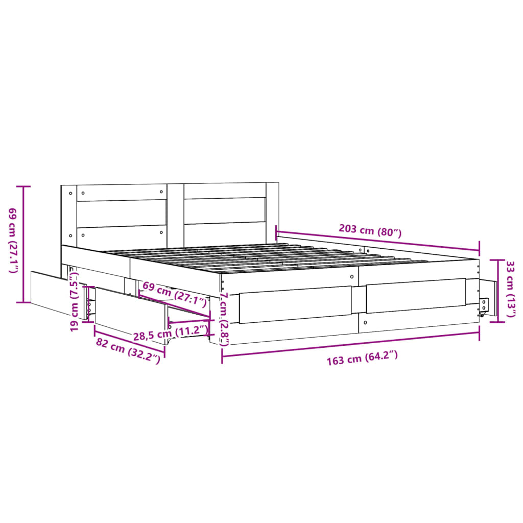 Modern Wooden Queen Size 160cm Bed Frame Base With Headboard & Storage Drawers