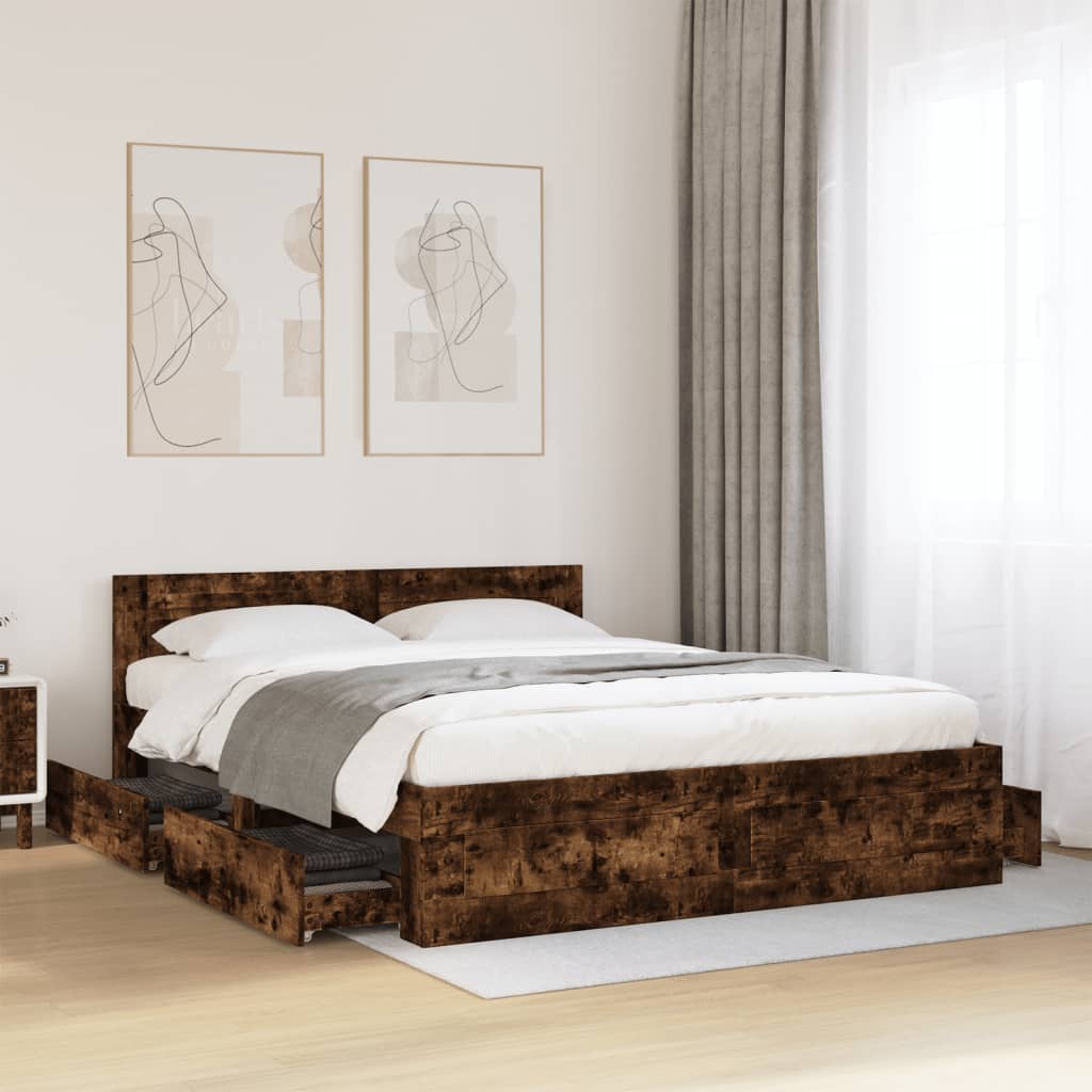 Modern Wooden Queen Size 160cm Bed Frame Base With Headboard & Storage Drawers
