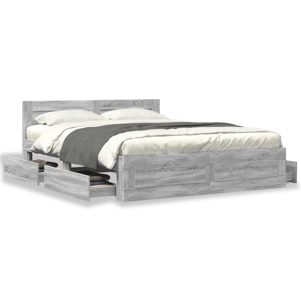 Modern Wooden Queen Size 160cm Bed Frame Base With Headboard & Storage Drawers