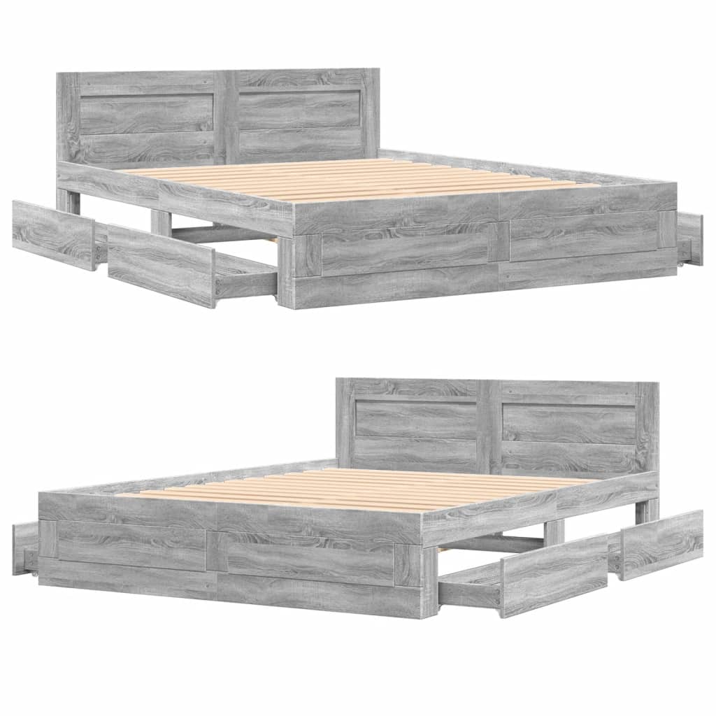 Modern Wooden Queen Size 160cm Bed Frame Base With Headboard & Storage Drawers