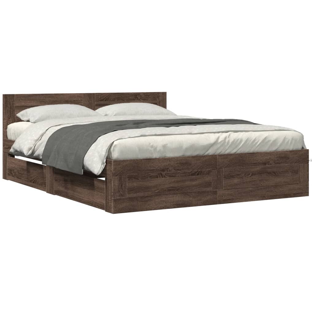 Modern Wooden Queen Size 160cm Bed Frame Base With Headboard & Storage Drawers