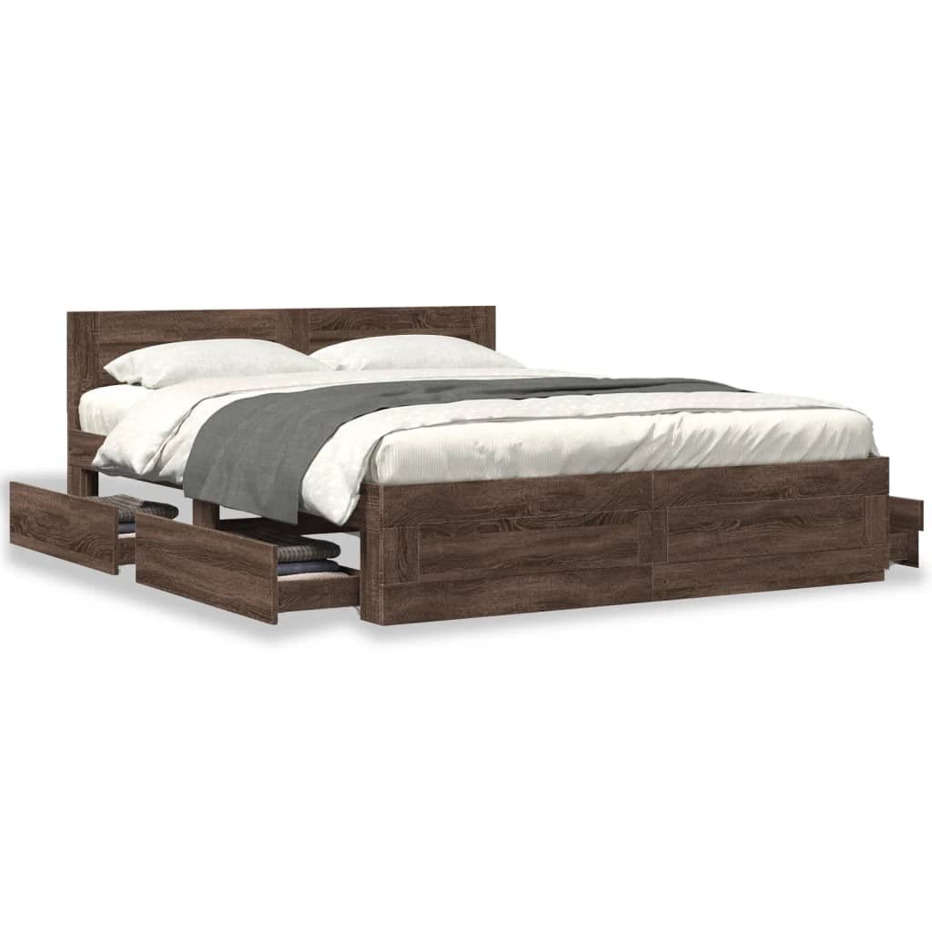 Modern Wooden Queen Size 160cm Bed Frame Base With Headboard & Storage Drawers