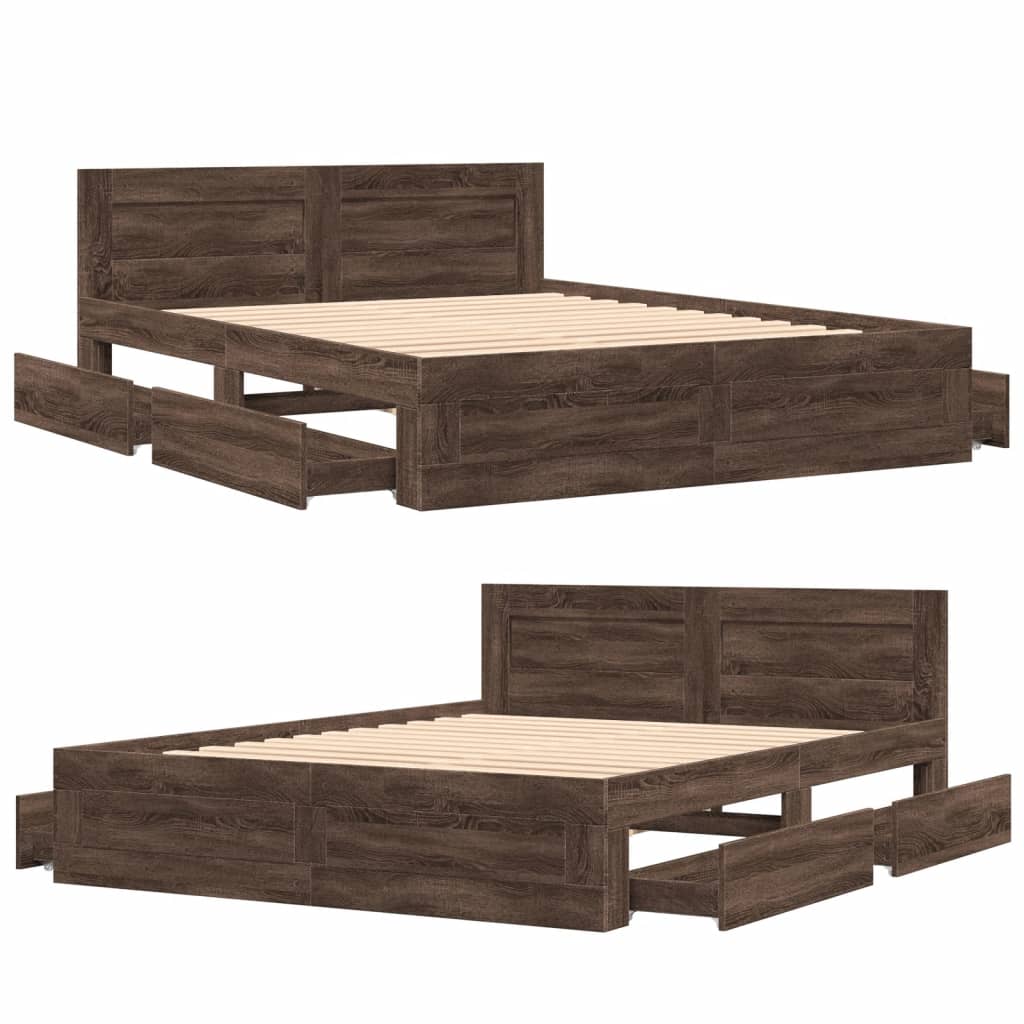 Modern Wooden Queen Size 160cm Bed Frame Base With Headboard & Storage Drawers