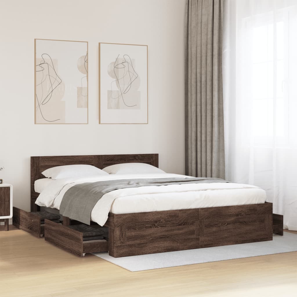 Modern Wooden Queen Size 160cm Bed Frame Base With Headboard & Storage Drawers